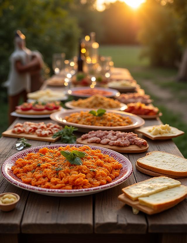Banchetto romano allestito all'aperto con pasta fresca e vino locale